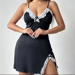 Solid Color Lace Trim Lingerie Night Dress Slip